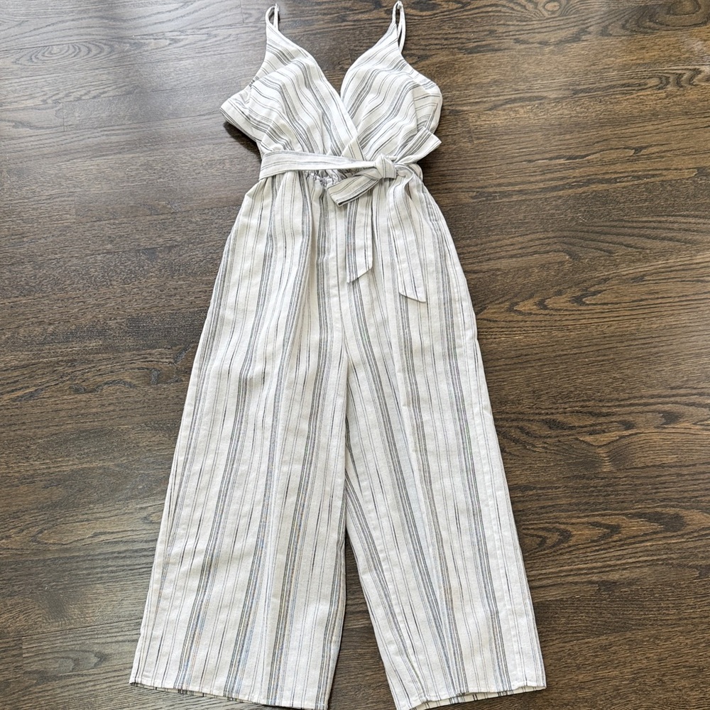 Striped White and Black Cropped Leg Jumpsuit